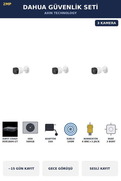 Dahua 3 Kameralı 2MP Güvenlik Kamera Seti Sesli Gece Görüşlü Bullet Dış Mekan 500GB ~15 Gün Kayıt