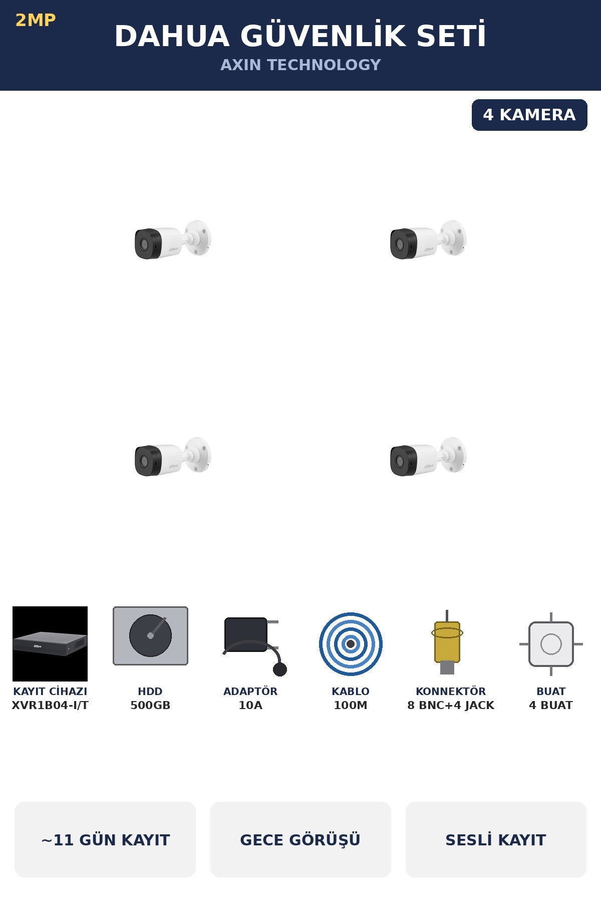 Dahua 4 Kameralı 2MP Güvenlik Kamera Seti Sesli Gece Görüşlü Bullet Dış Mekan 500GB ~11 Gün Kayıt