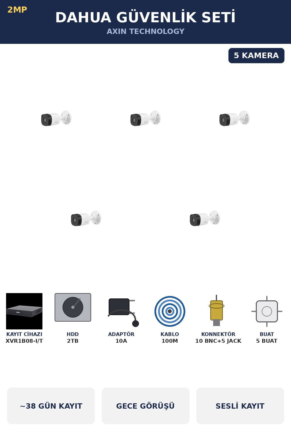 Dahua 5 Kameralı 2MP Güvenlik Kamera Seti Sesli Gece Görüşlü Bullet Dış Mekan 2TB ~38 Gün Kayıt
