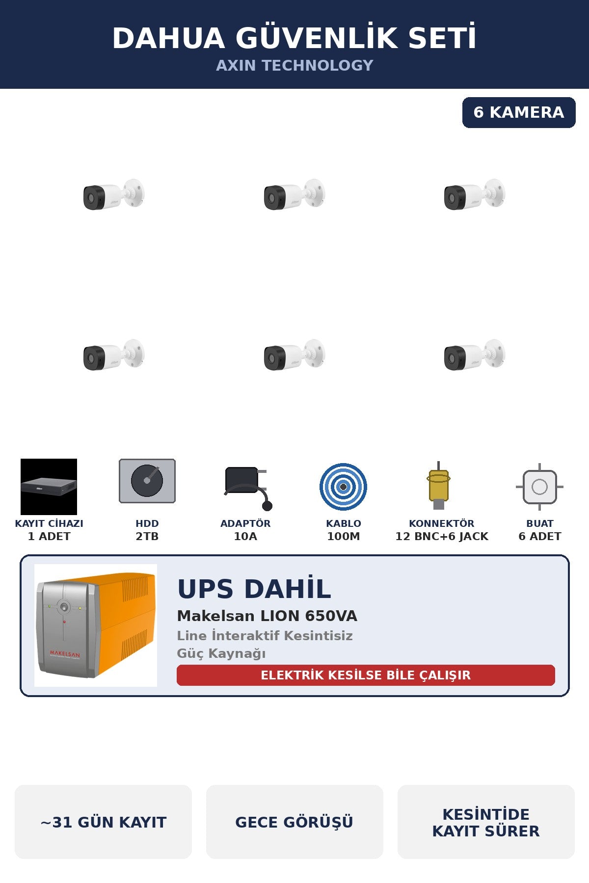 Dahua 6 Kameralı 2MP UPS'li Güvenlik Kamera Seti Sesli Gece Görüşlü Bullet Dış Mekan 2TB