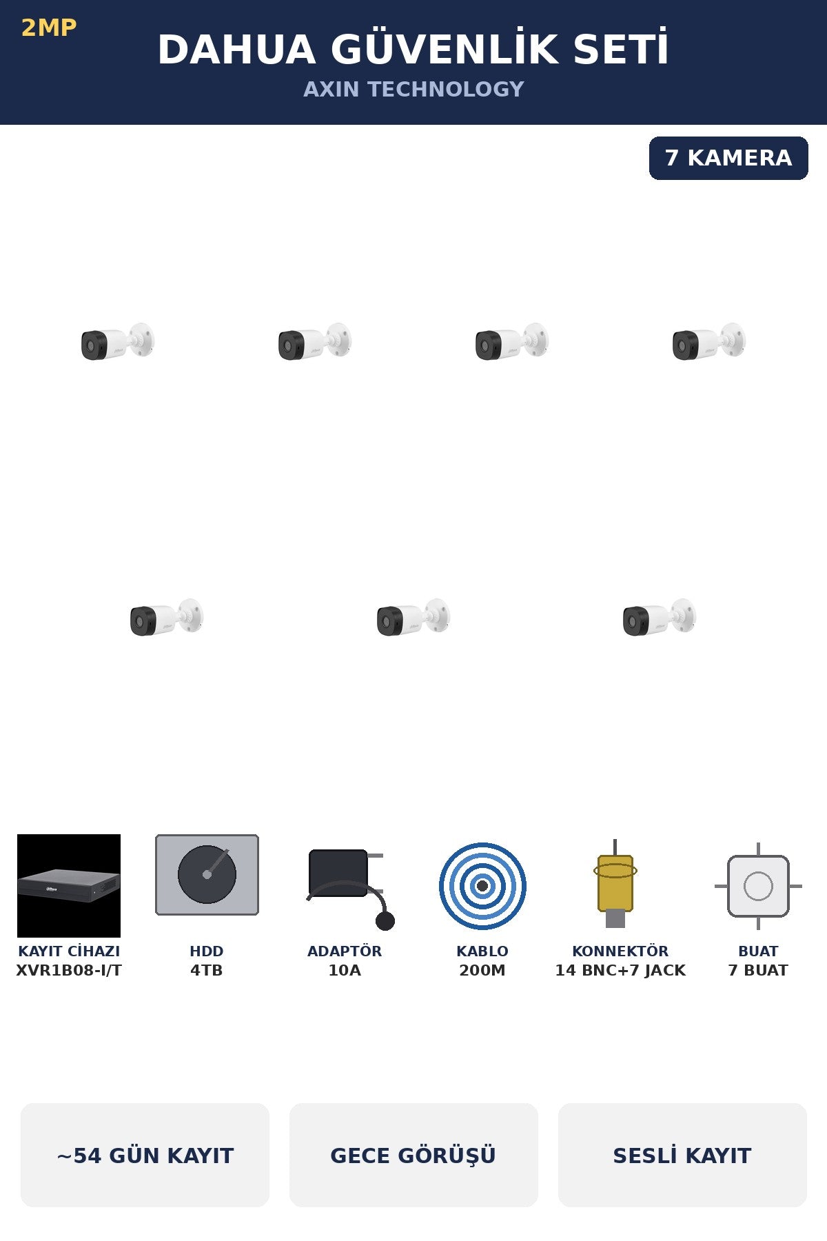 Dahua 7 Kameralı 2MP Güvenlik Kamera Seti Sesli Gece Görüşlü Bullet Dış Mekan 4TB ~54 Gün Kayıt