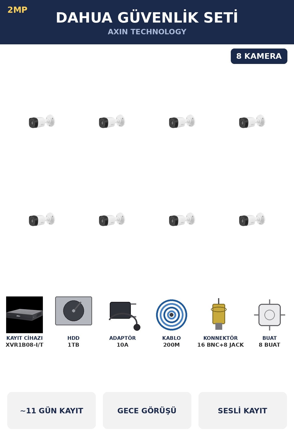 Dahua 8 Kameralı 2MP Güvenlik Kamera Seti Sesli Gece Görüşlü Bullet Dış Mekan 1TB ~11 Gün Kayıt