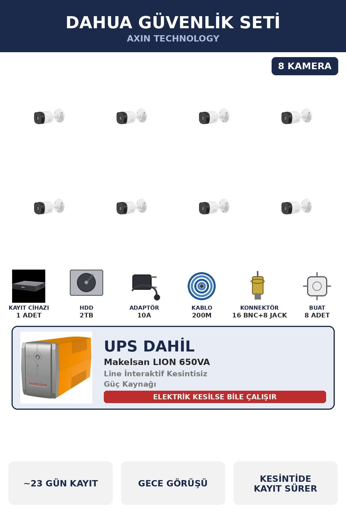 Dahua 8 Kameralı 2MP UPS'li Güvenlik Kamera Seti Sesli Gece Görüşlü Bullet Dış Mekan 2TB