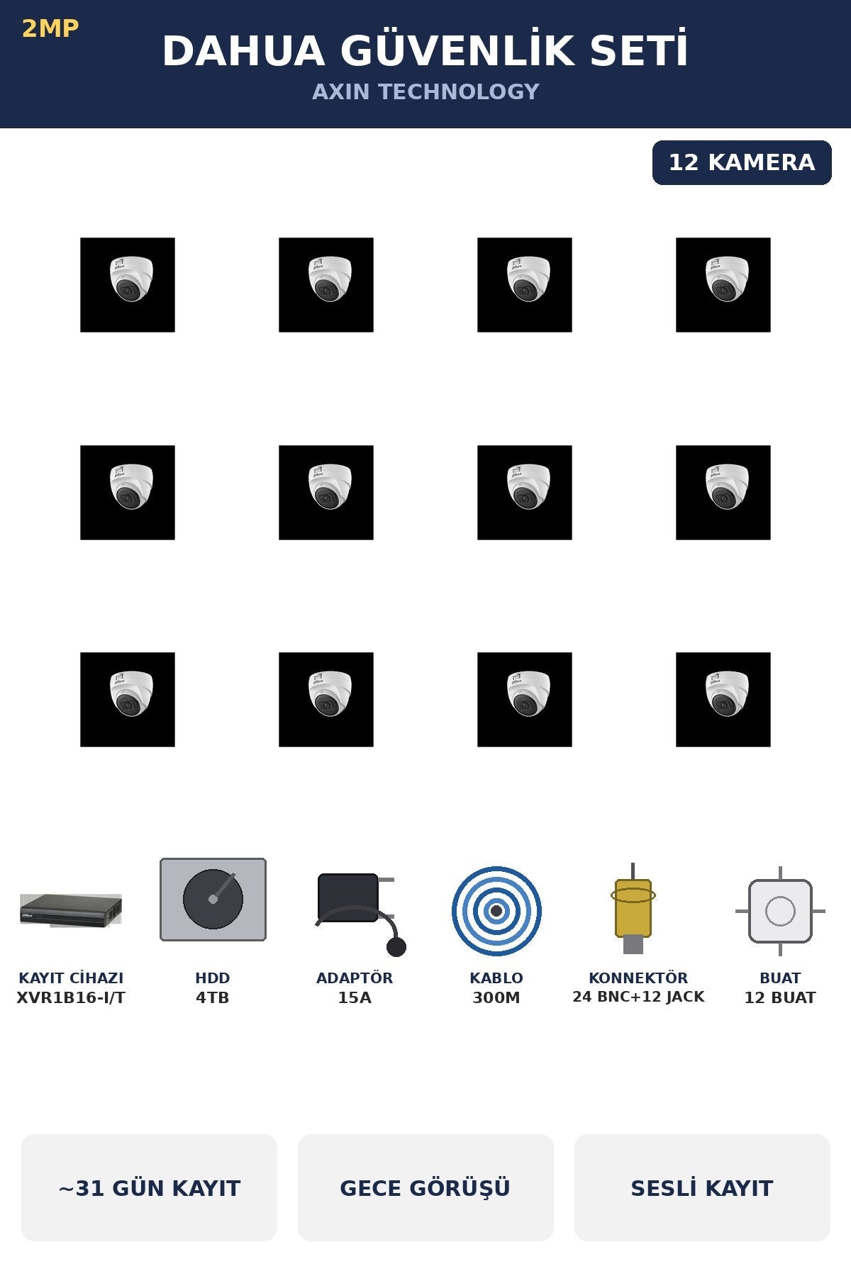 Dahua 12 Kameralı 2MP Güvenlik Kamera Seti Sesli Gece Görüşlü Dome İç Mekan 4TB ~31 Gün Kayıt