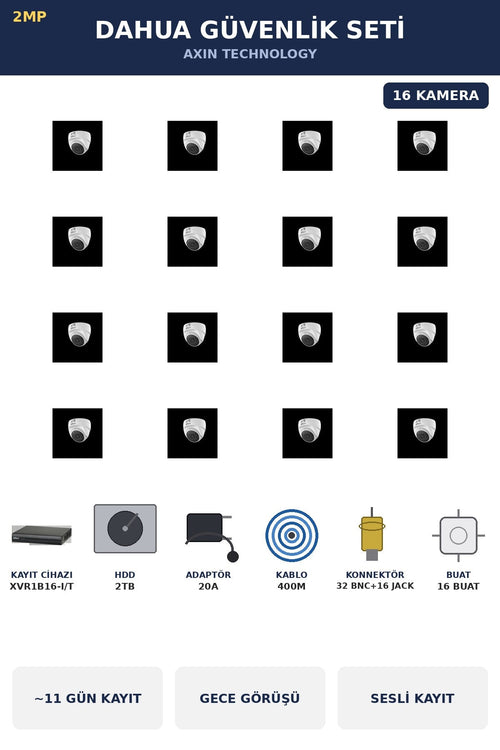 Dahua 16 Kameralı 2MP Güvenlik Kamera Seti Sesli Gece Görüşlü Dome İç Mekan 2TB ~11 Gün Kayıt