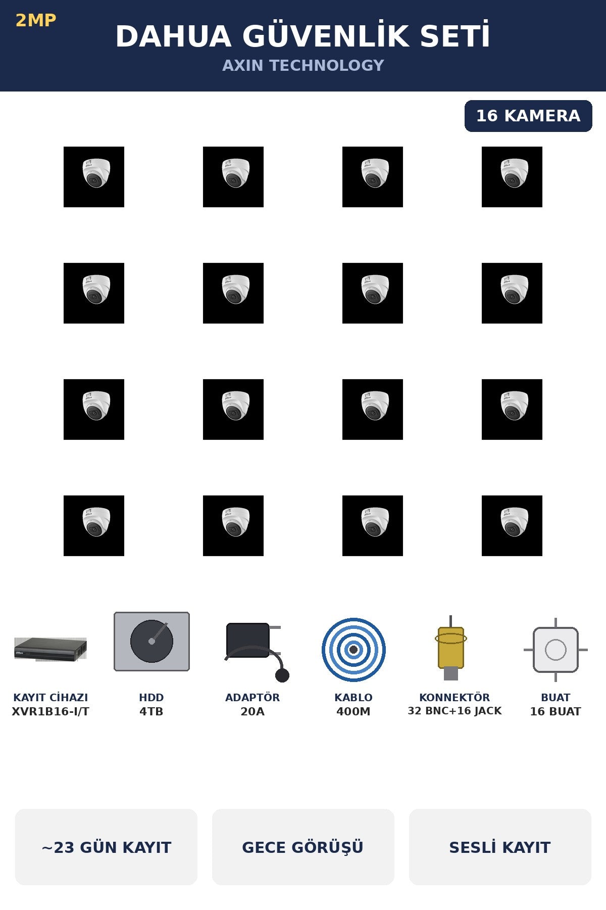 Dahua 16 Kameralı 2MP Güvenlik Kamera Seti Sesli Gece Görüşlü Dome İç Mekan 4TB ~23 Gün Kayıt