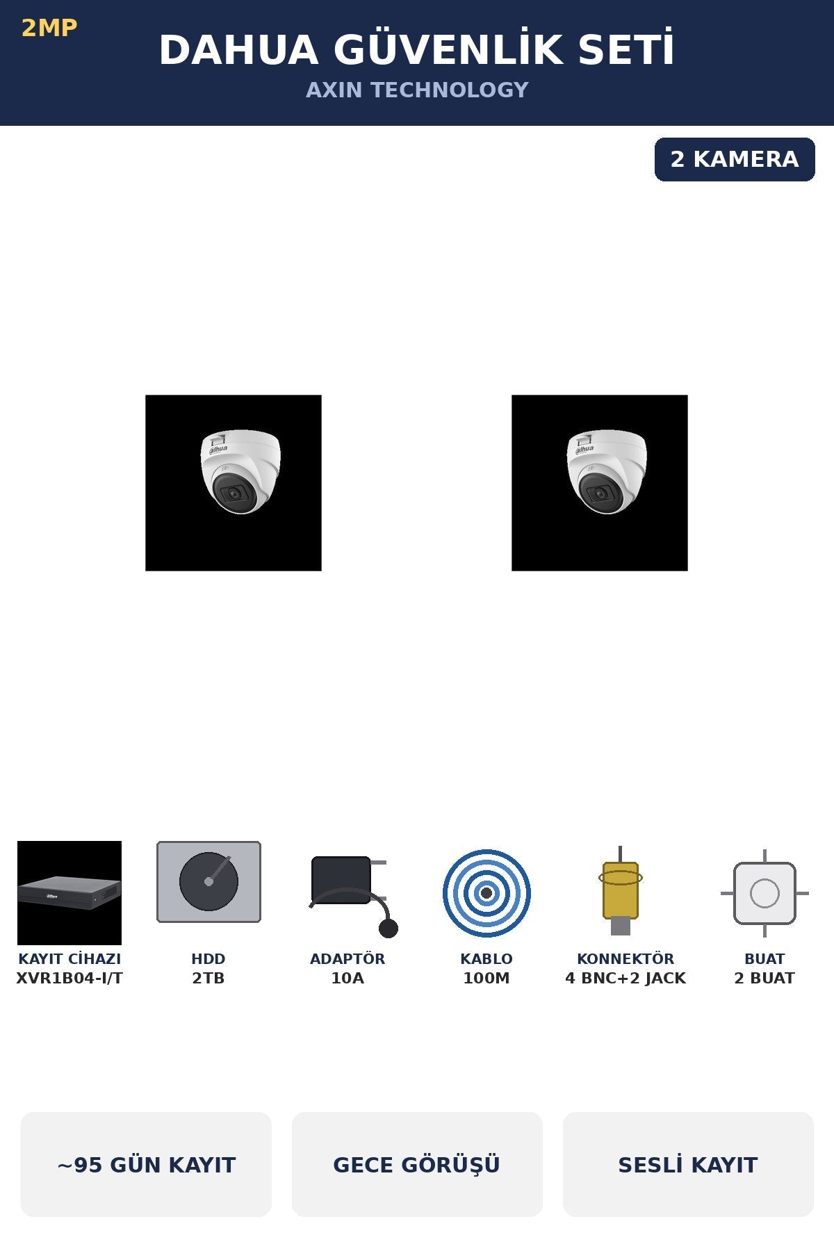 Dahua 2 Kameralı 2MP Güvenlik Kamera Seti Sesli Gece Görüşlü Dome İç Mekan 2TB ~95 Gün Kayıt