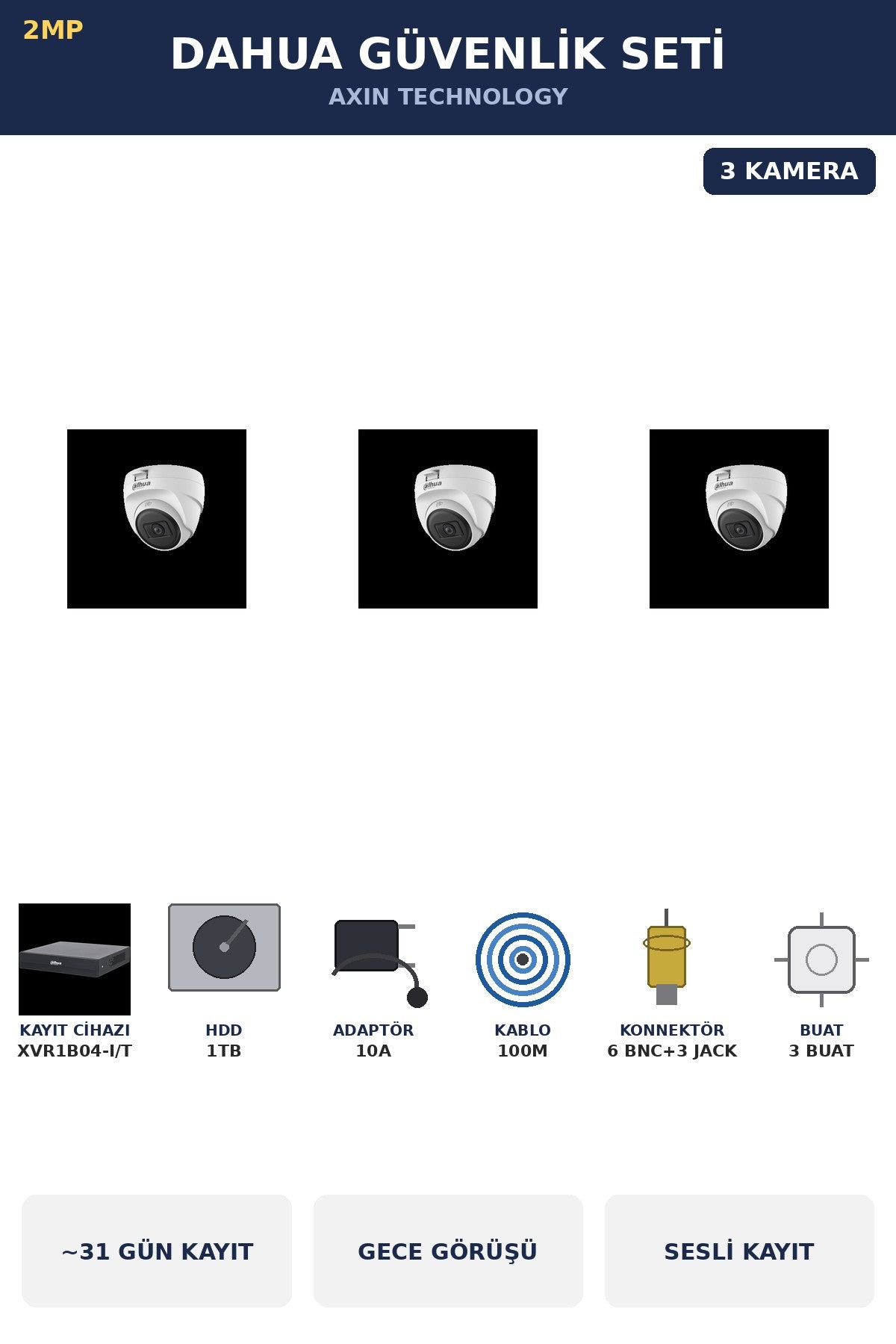 Dahua 3 Kameralı 2MP Güvenlik Kamera Seti Sesli Gece Görüşlü Dome İç Mekan 1TB ~31 Gün Kayıt