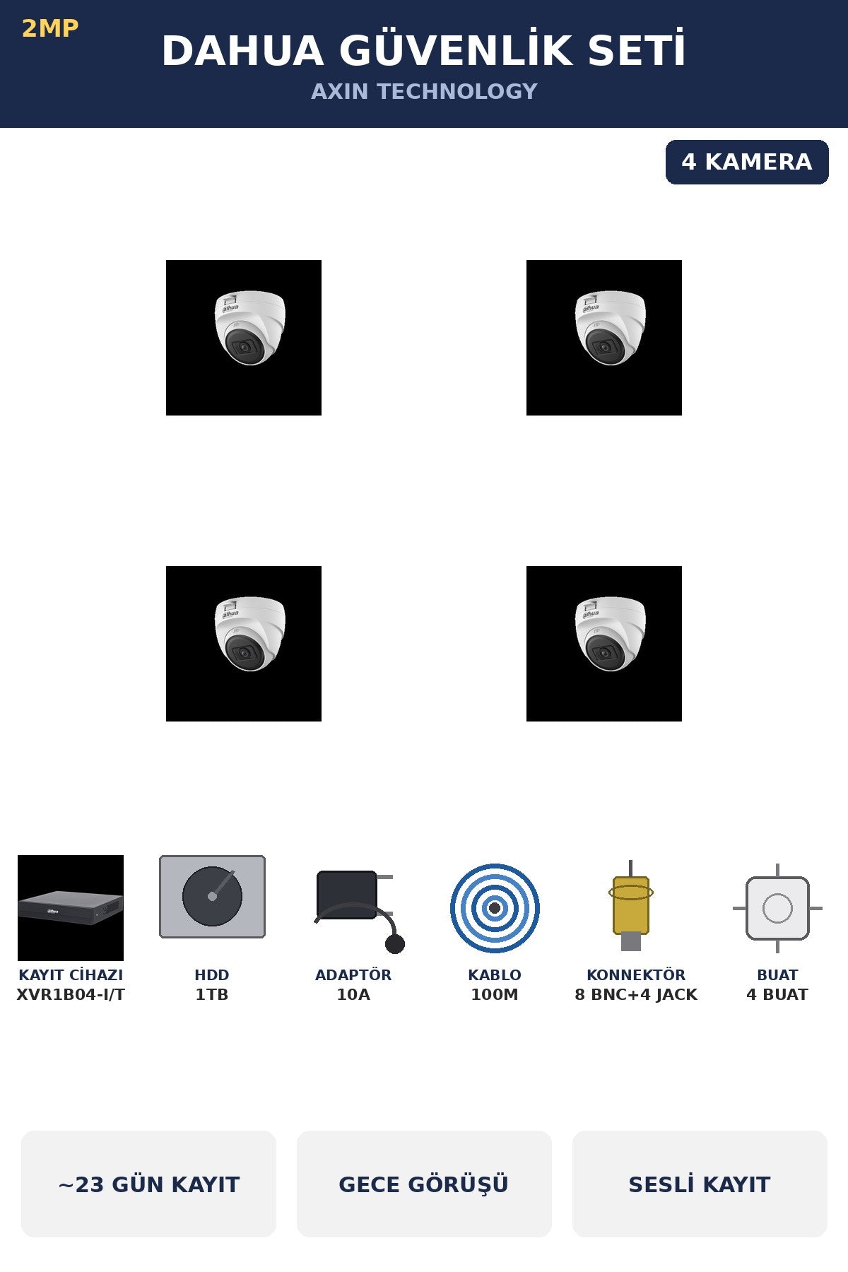 Dahua 4 Kameralı 2MP Güvenlik Kamera Seti Sesli Gece Görüşlü Dome İç Mekan 1TB ~23 Gün Kayıt