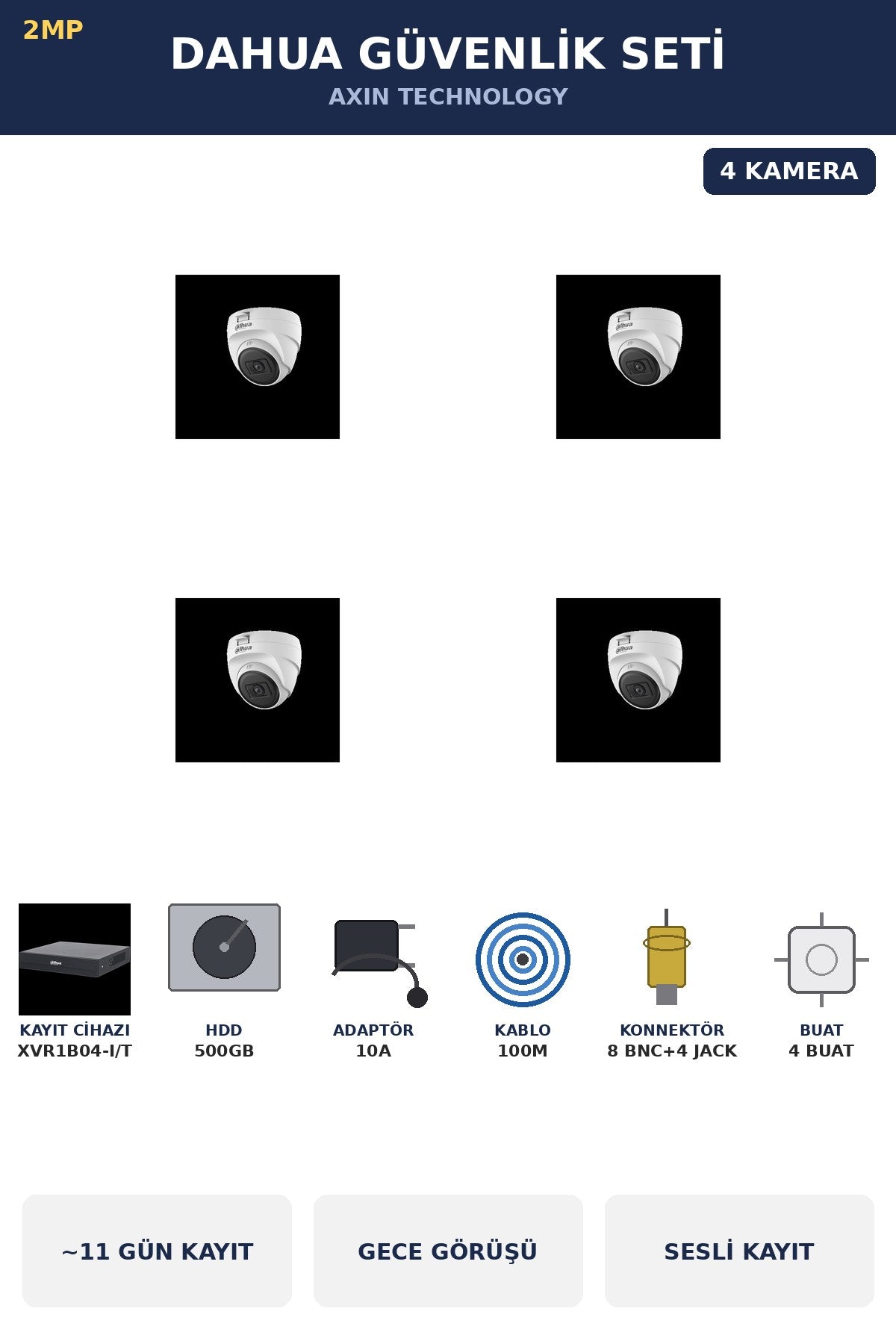 Dahua 4 Kameralı 2MP Güvenlik Kamera Seti Sesli Gece Görüşlü Dome İç Mekan 500GB ~11 Gün Kayıt