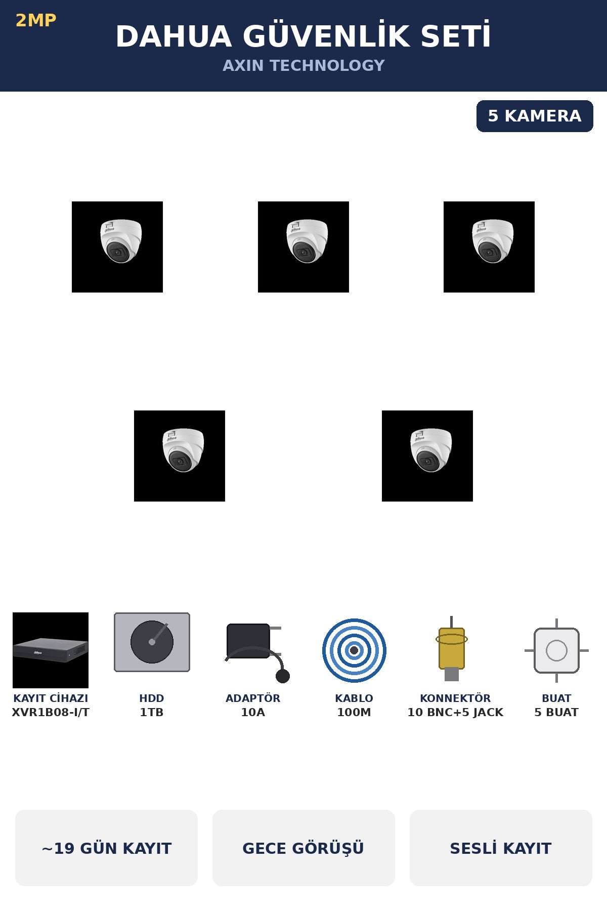 Dahua 5 Kameralı 2MP Güvenlik Kamera Seti Sesli Gece Görüşlü Dome İç Mekan 1TB ~19 Gün Kayıt