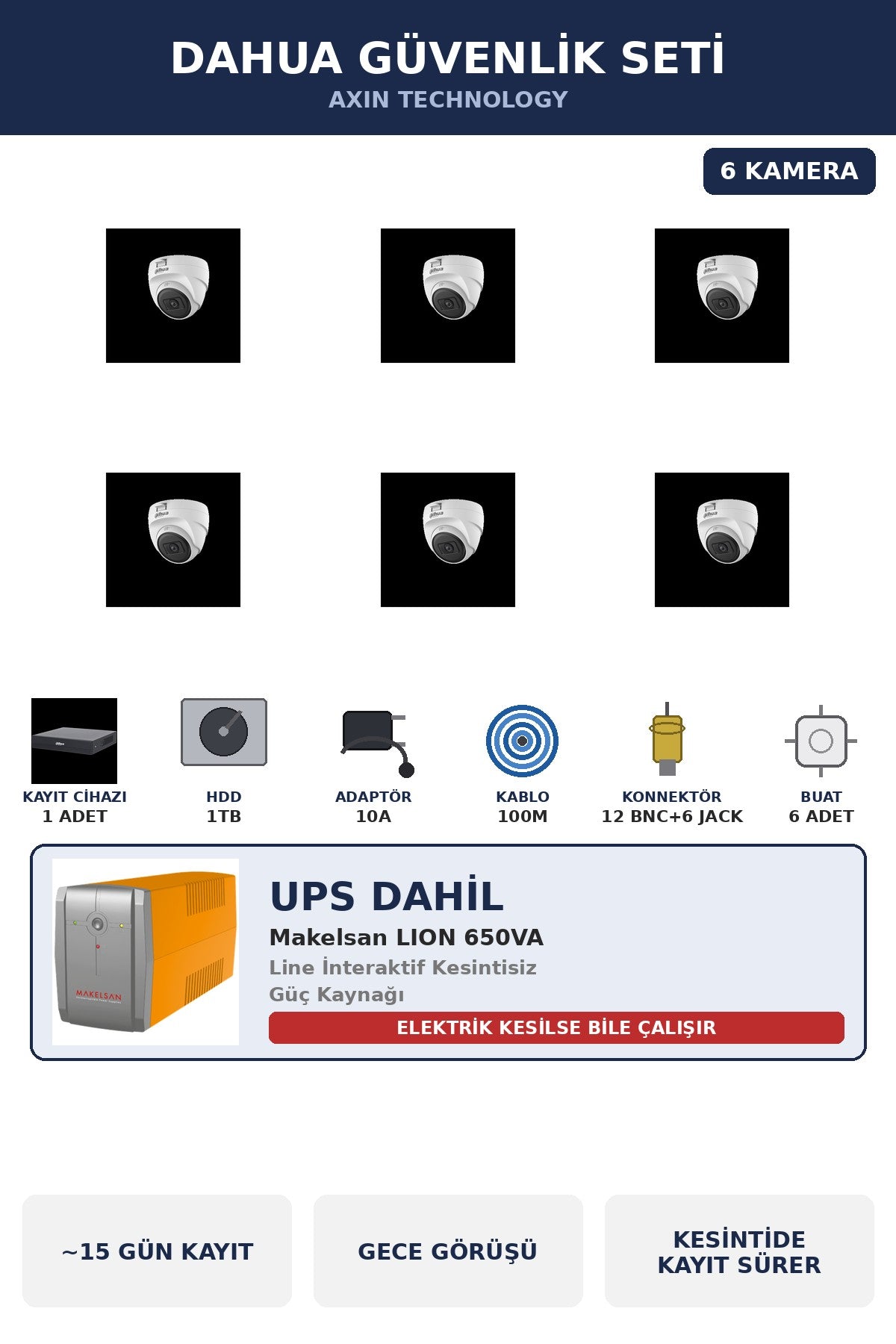 Dahua 6 Kameralı 2MP UPS'li Güvenlik Kamera Seti Sesli Gece Görüşlü Dome İç Mekan 1TB ~15 Gün Kayıt