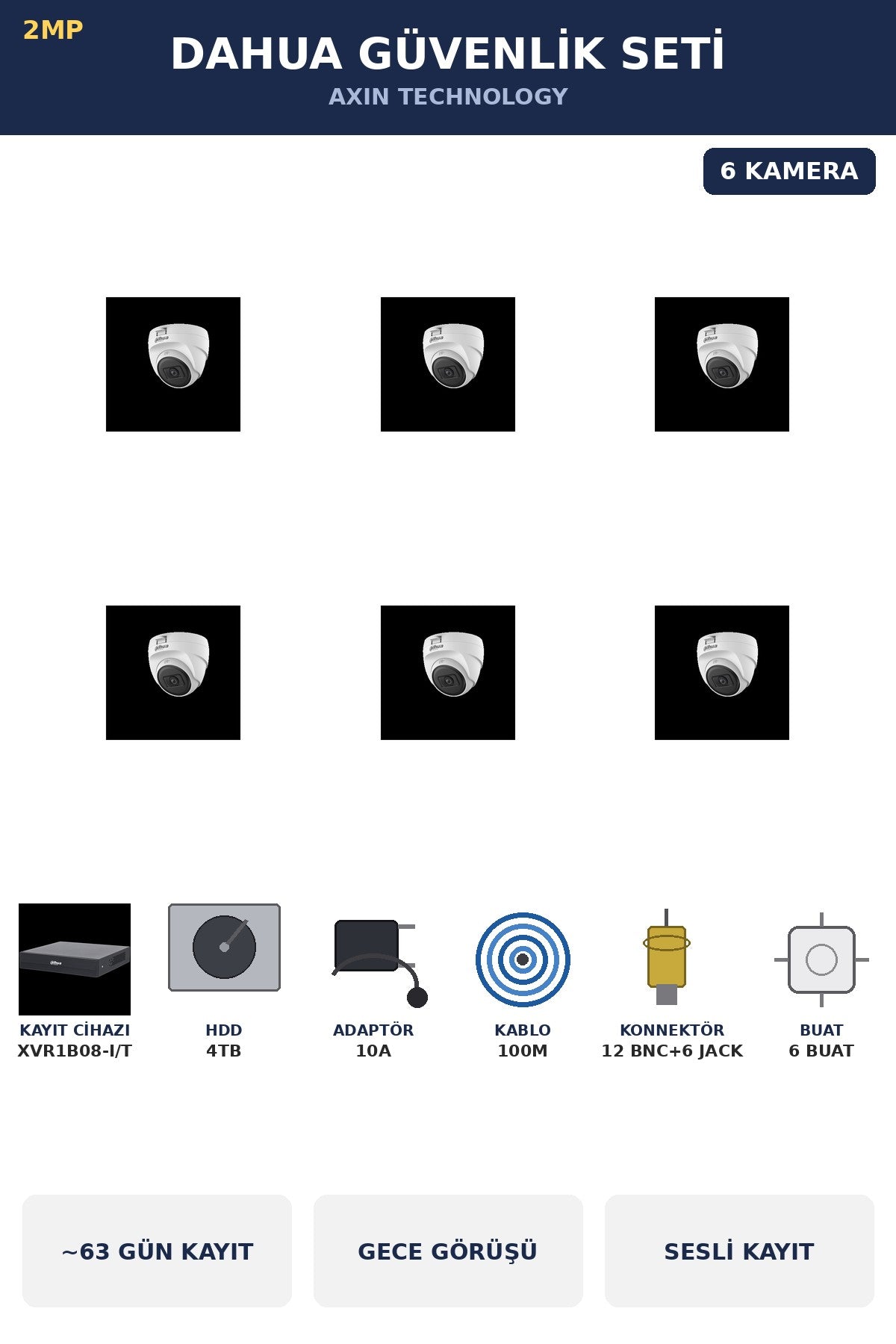 Dahua 6 Kameralı 2MP Güvenlik Kamera Seti Sesli Gece Görüşlü Dome İç Mekan 4TB ~63 Gün Kayıt