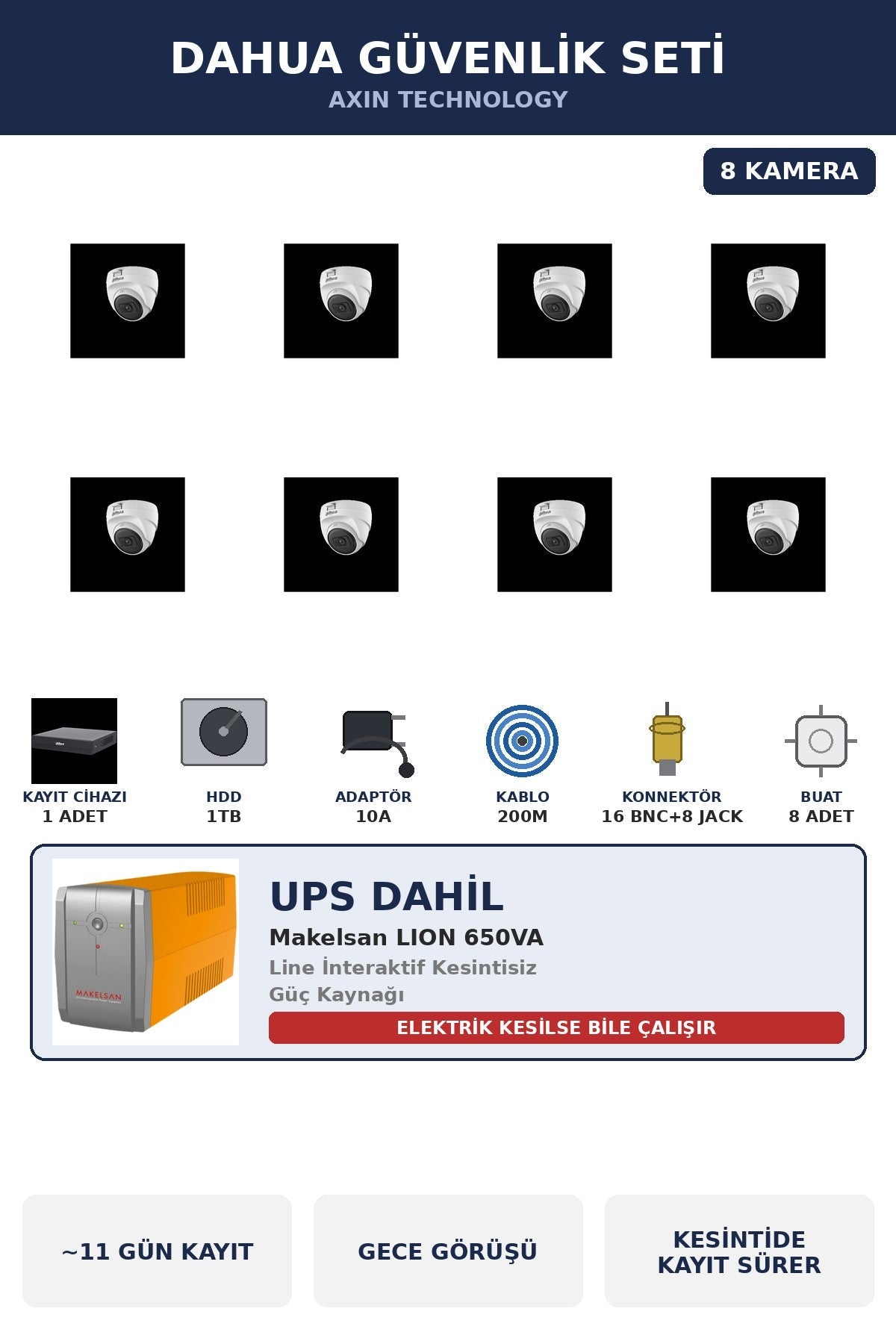 Dahua 8 Kameralı 2MP UPS'li Güvenlik Kamera Seti Sesli Gece Görüşlü Dome İç Mekan 1TB ~11 Gün Kayıt