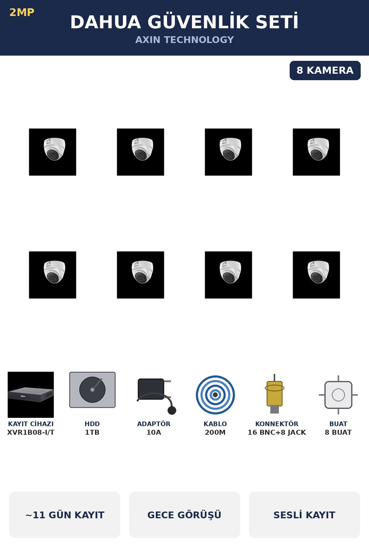 Dahua 8 Kameralı 2MP Güvenlik Kamera Seti Sesli Gece Görüşlü Dome İç Mekan 1TB ~11 Gün Kayıt
