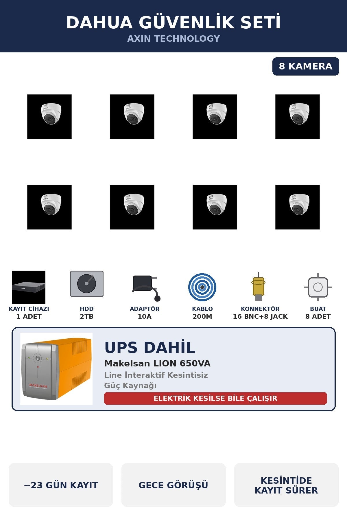 Dahua 8 Kameralı 2MP UPS'li Güvenlik Kamera Seti Sesli Gece Görüşlü Dome İç Mekan 2TB ~23 Gün Kayıt