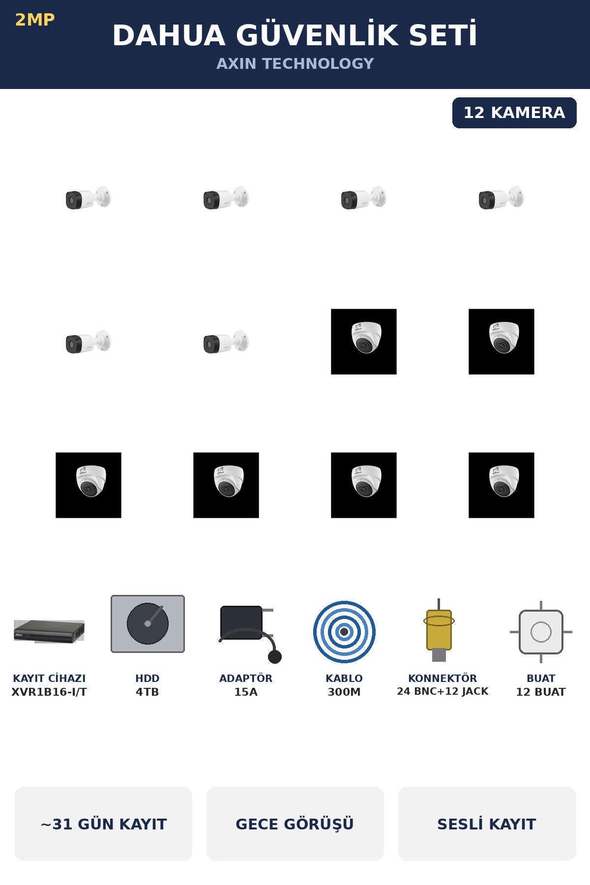 Dahua 12 Kameralı 2MP Güvenlik Kamera Seti Sesli Gece Görüşlü Dome+Bullet 4TB ~31 Gün Kayıt