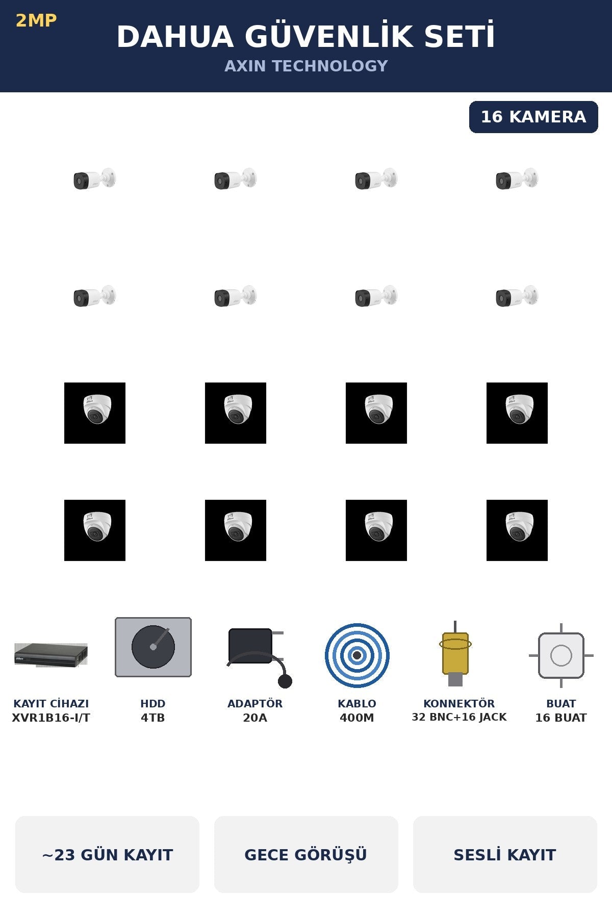 Dahua 16 Kameralı 2MP Güvenlik Kamera Seti Sesli Gece Görüşlü Dome+Bullet 4TB ~23 Gün Kayıt