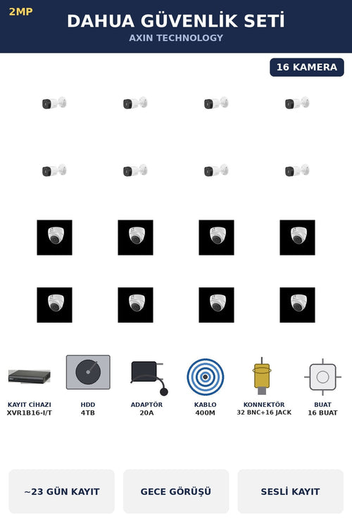 Dahua 16 Kameralı 2MP Güvenlik Kamera Seti Sesli Gece Görüşlü Dome+Bullet 4TB ~23 Gün Kayıt