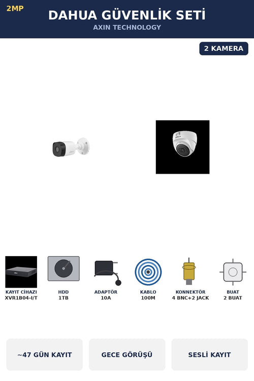 Dahua 2 Kameralı 2MP Güvenlik Kamera Seti Sesli Gece Görüşlü Dome+Bullet 1TB ~47 Gün Kayıt