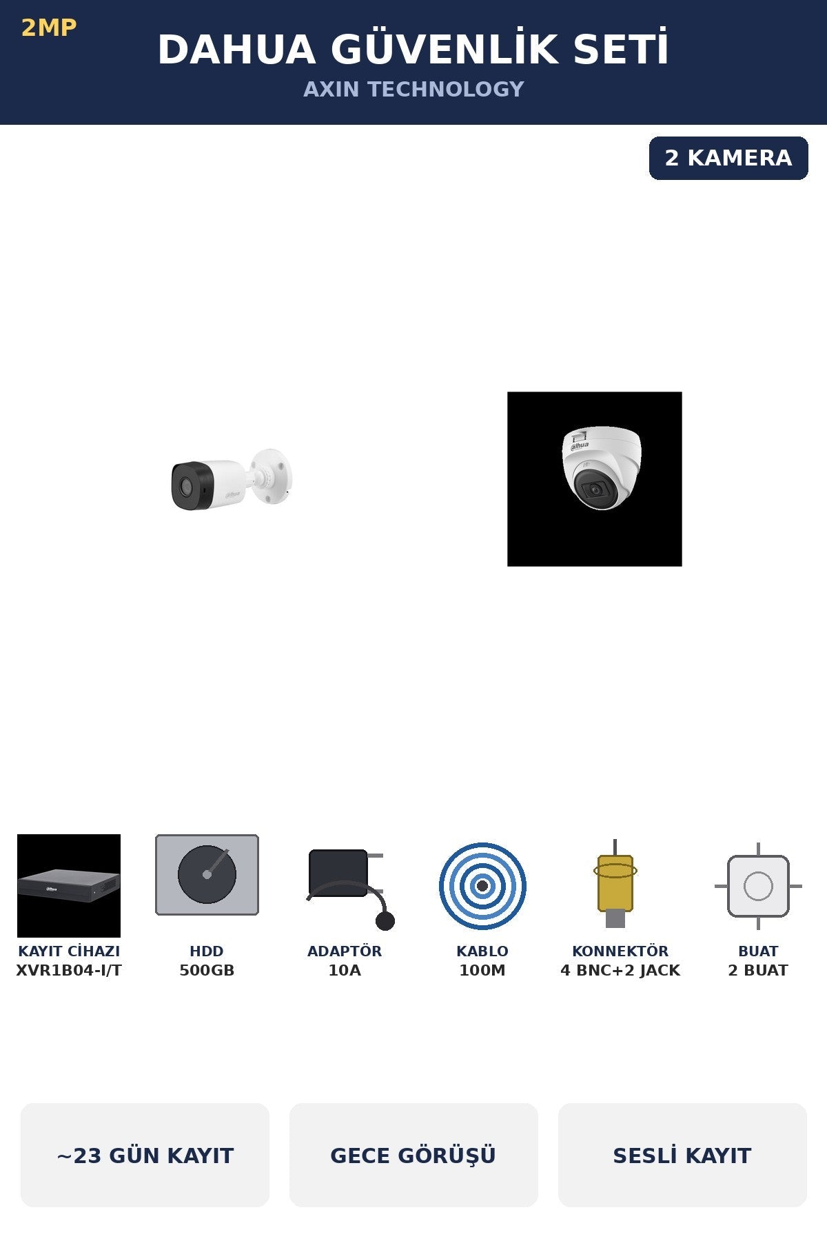 Dahua 2 Kameralı 2MP Güvenlik Kamera Seti Sesli Gece Görüşlü Dome+Bullet 500GB ~23 Gün Kayıt
