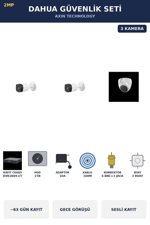 Dahua 3 Kameralı 2MP Güvenlik Kamera Seti Sesli Gece Görüşlü Dome+Bullet 2TB ~63 Gün Kayıt