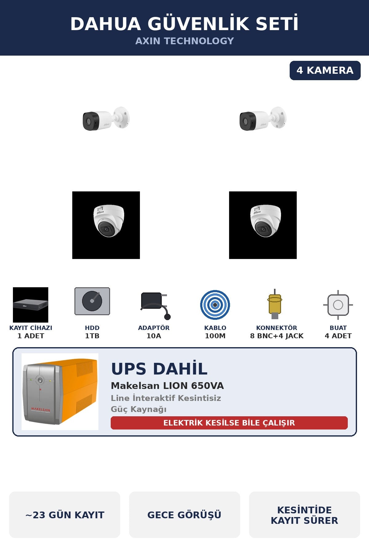Dahua 4 Kameralı 2MP UPS'li Güvenlik Kamera Seti Sesli Gece Görüşlü Dome+Bullet 1TB ~23 Gün Kayıt