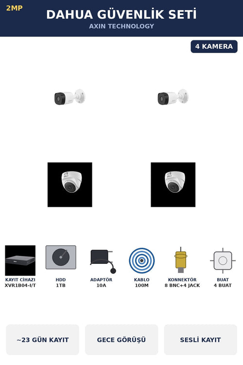 Dahua 4 Kameralı 2MP Güvenlik Kamera Seti Sesli Gece Görüşlü Dome+Bullet 1TB ~23 Gün Kayıt