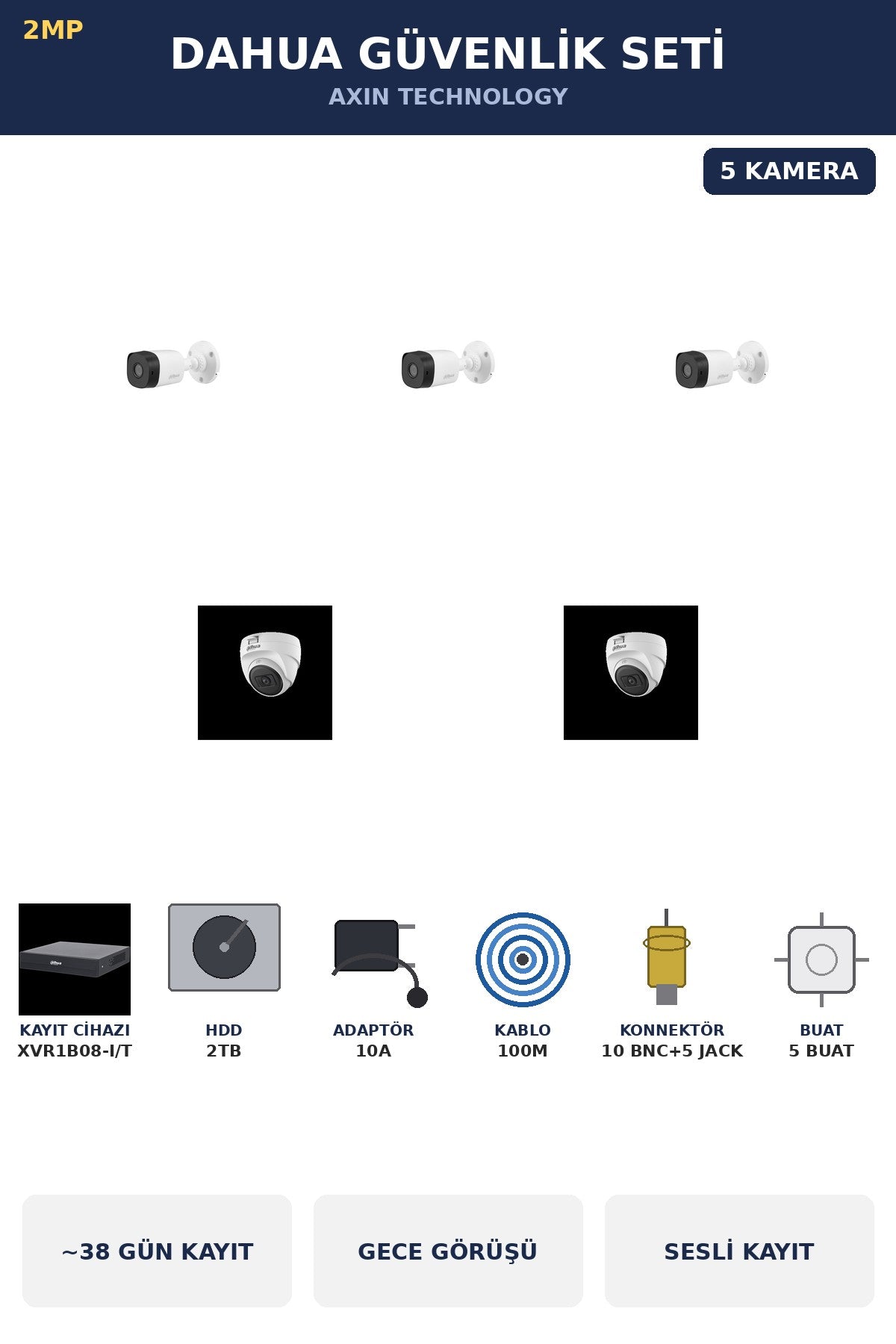 Dahua 5 Kameralı 2MP Güvenlik Kamera Seti Sesli Gece Görüşlü Dome+Bullet 2TB ~38 Gün Kayıt