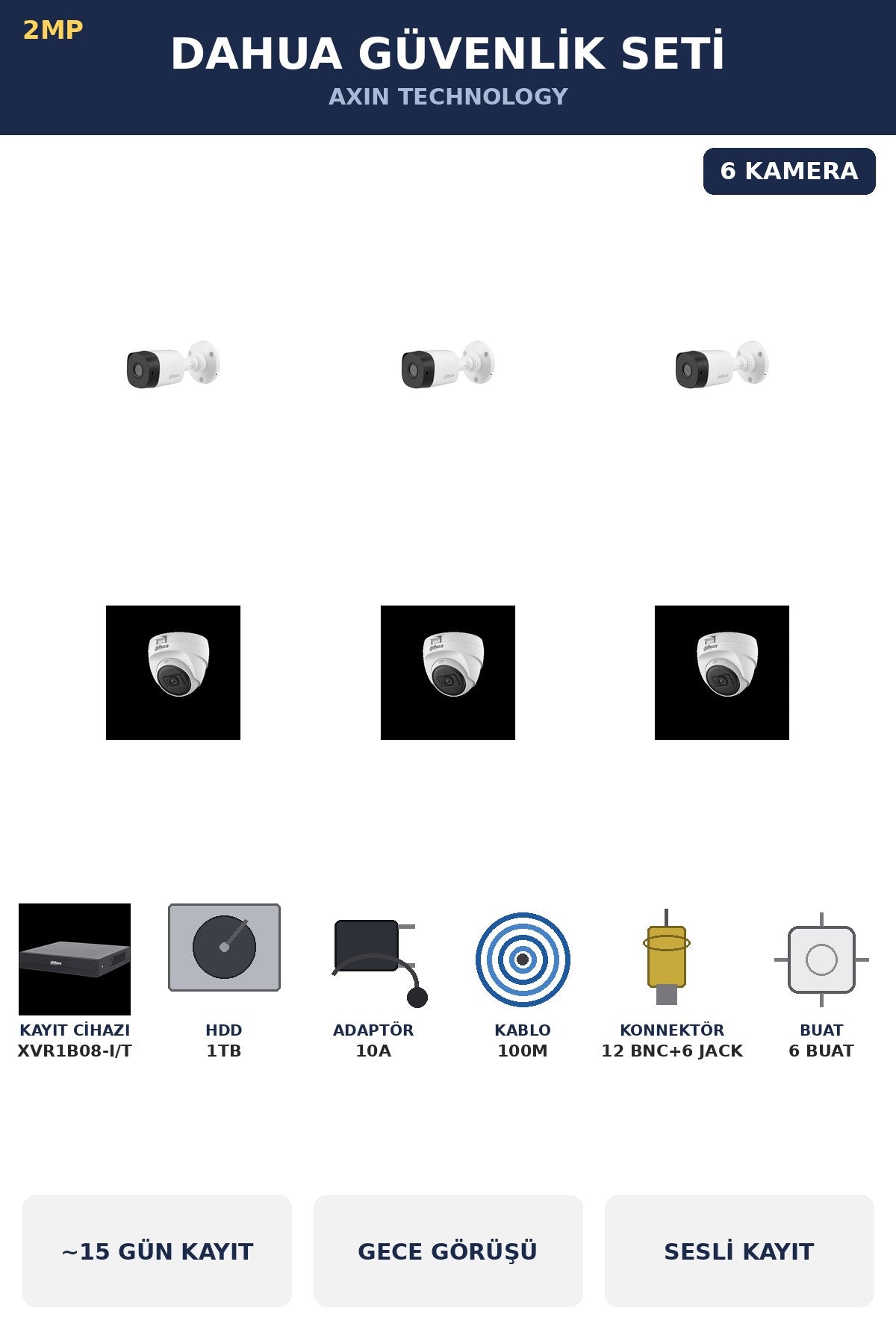 Dahua 6 Kameralı 2MP Güvenlik Kamera Seti Sesli Gece Görüşlü Dome+Bullet 1TB ~15 Gün Kayıt