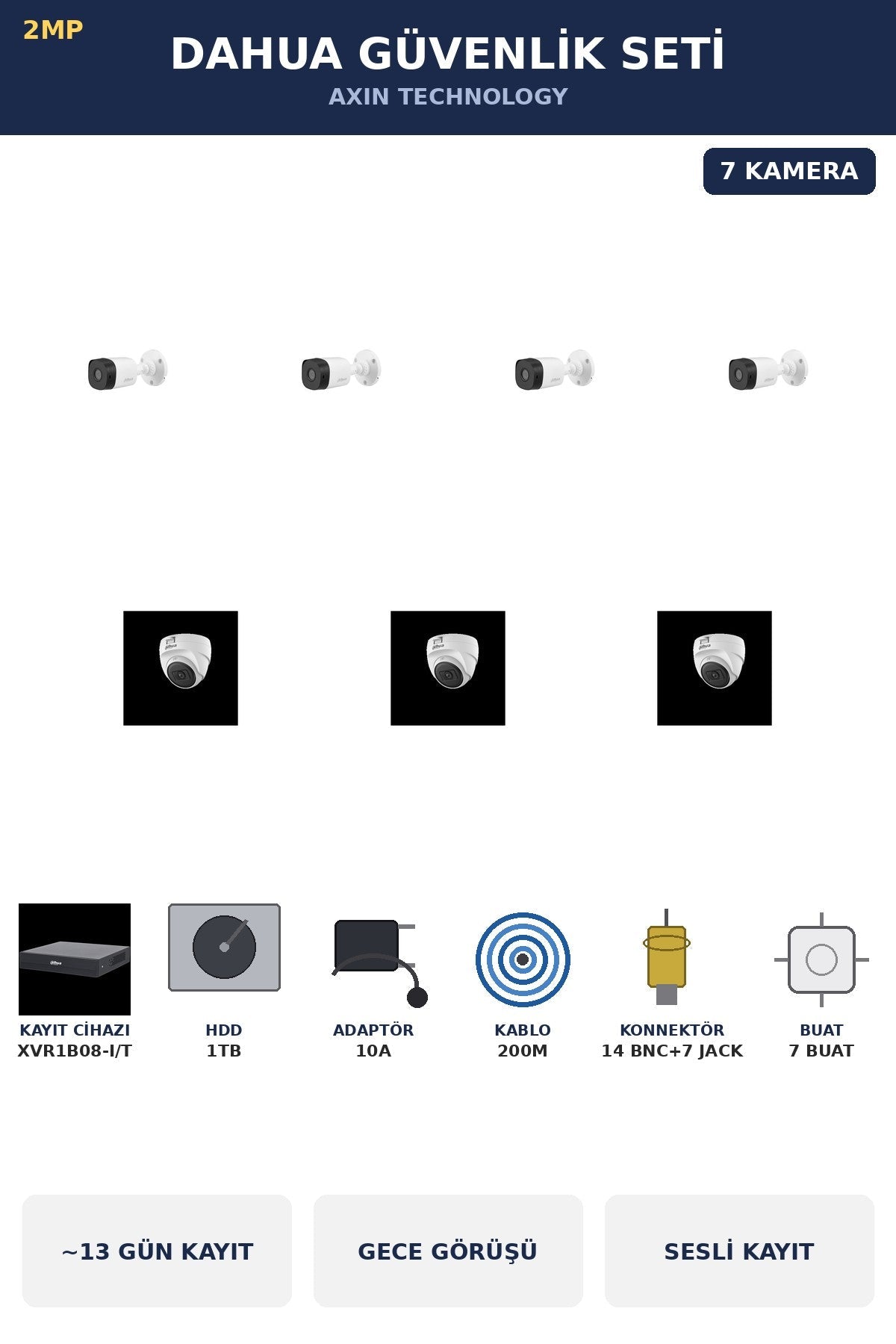 Dahua 7 Kameralı 2MP Güvenlik Kamera Seti Sesli Gece Görüşlü Dome+Bullet 1TB ~13 Gün Kayıt