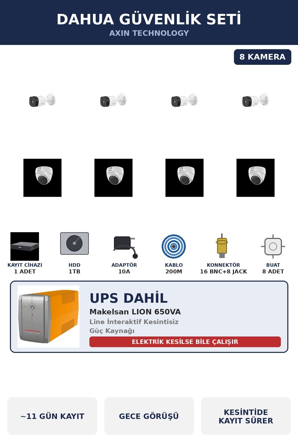 Dahua 8 Kameralı 2MP UPS'li Güvenlik Kamera Seti Sesli Gece Görüşlü Dome+Bullet 1TB ~11 Gün Kayıt