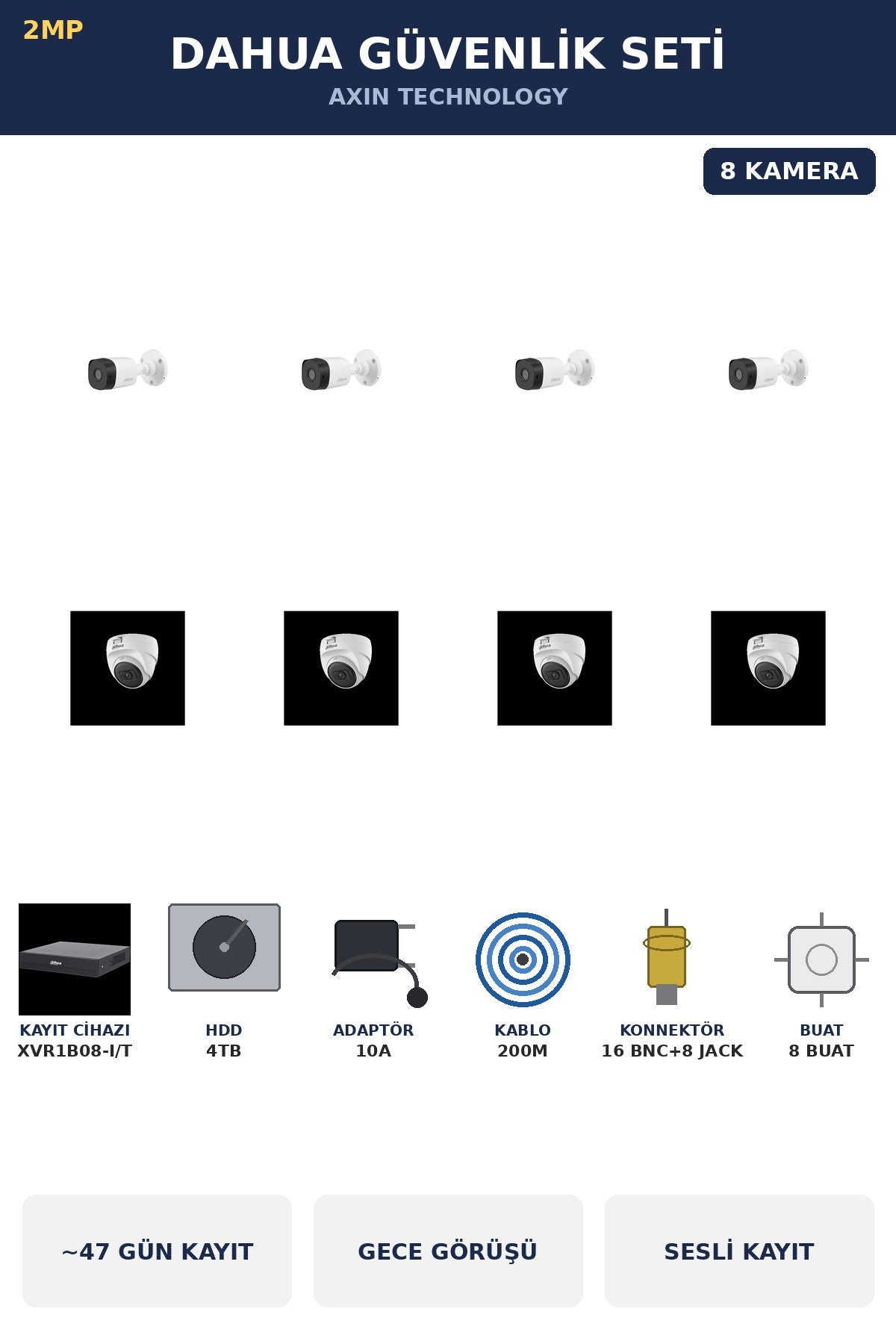 Dahua 8 Kameralı 2MP Güvenlik Kamera Seti Sesli Gece Görüşlü Dome+Bullet 4TB ~47 Gün Kayıt
