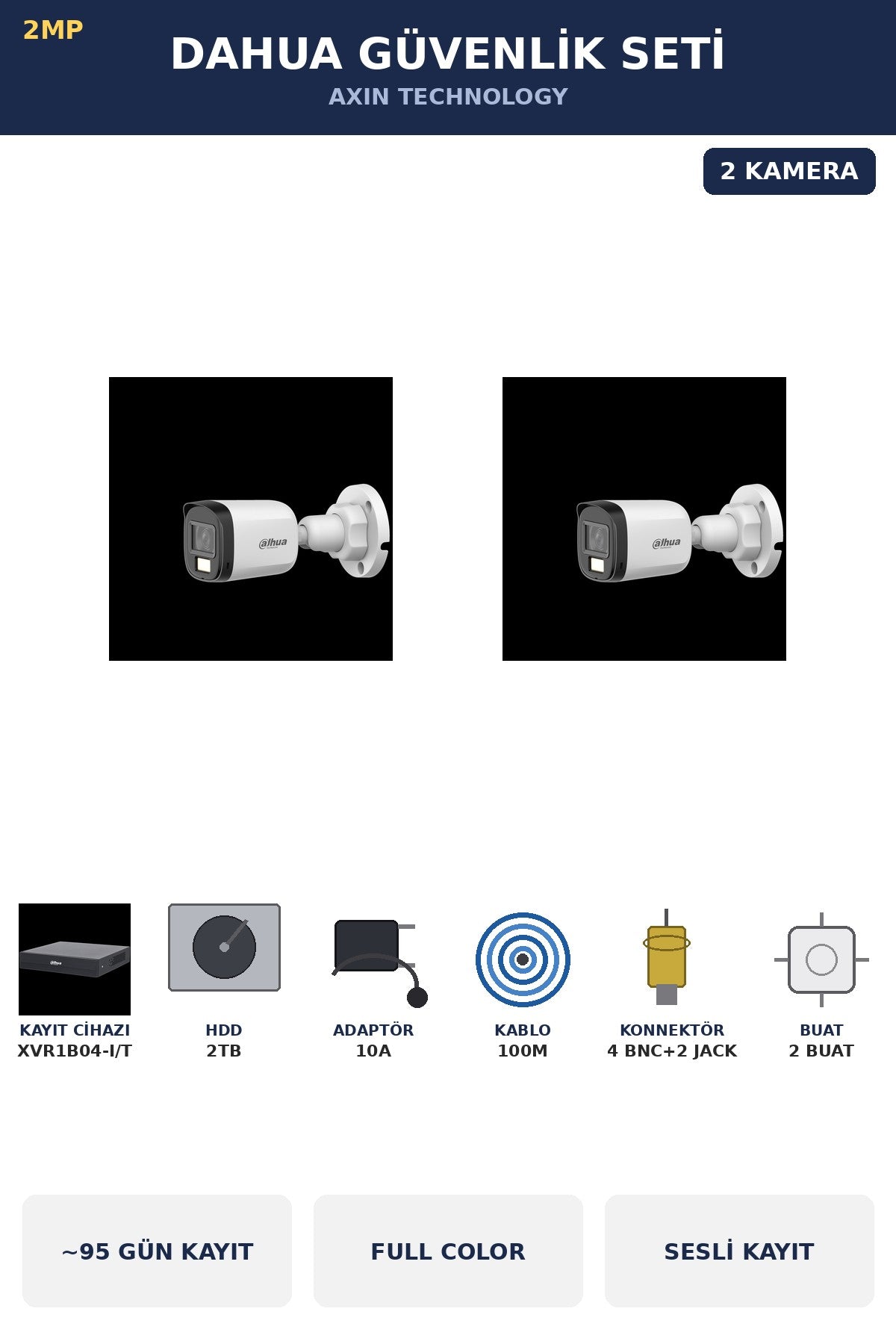 Dahua 2 Kameralı 2MP Güvenlik Kamera Seti Gece Renkli Full Color Sesli Bullet 2TB ~95 Gün Kayıt