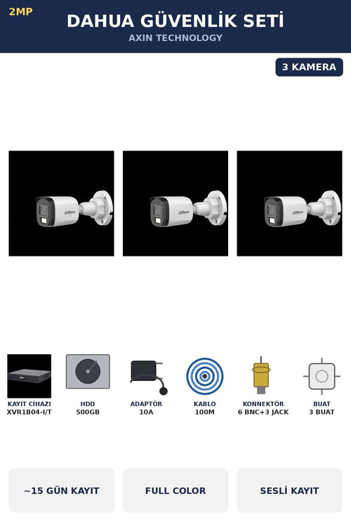 Dahua 3 Kameralı 2MP Güvenlik Kamera Seti Gece Renkli Full Color Sesli Bullet 500GB ~15 Gün Kayıt