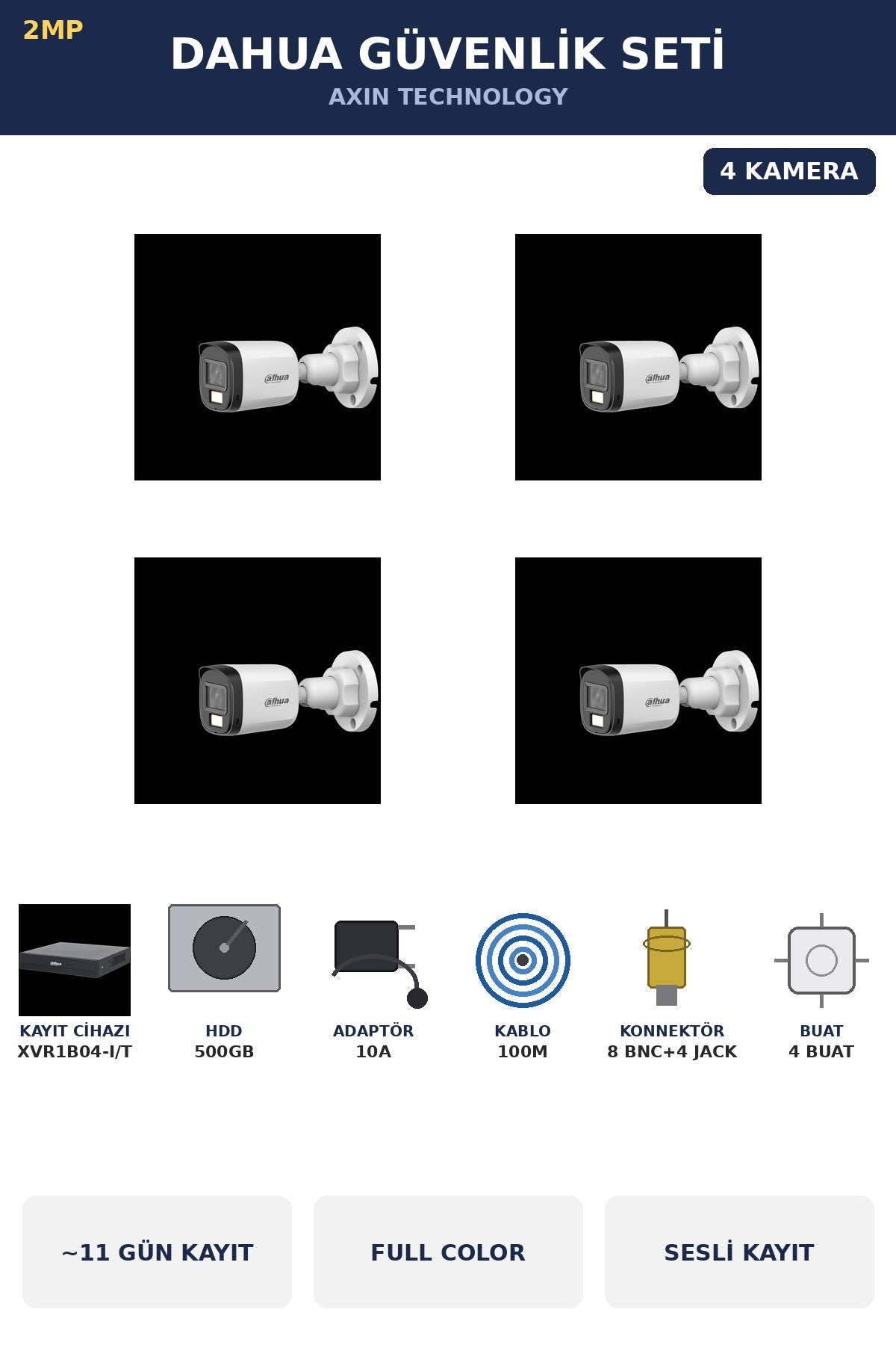 Dahua 4 Kameralı 2MP Güvenlik Kamera Seti Gece Renkli Full Color Sesli Bullet 500GB ~11 Gün Kayıt