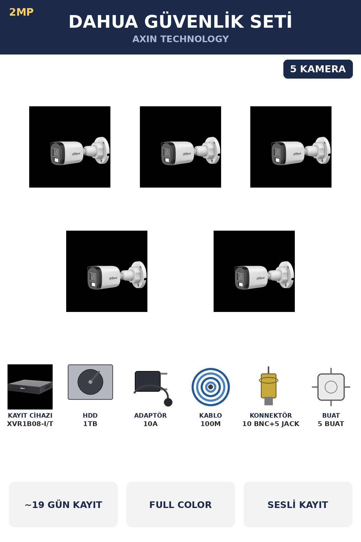 Dahua 5 Kameralı 2MP Güvenlik Kamera Seti Gece Renkli Full Color Sesli Bullet 1TB ~19 Gün Kayıt