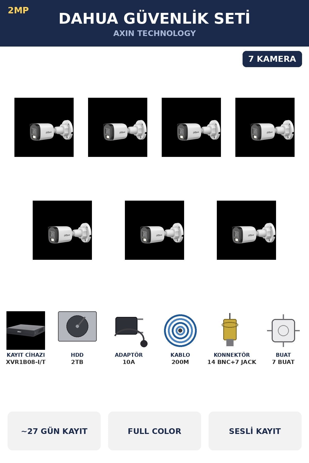 Dahua 7 Kameralı 2MP Güvenlik Kamera Seti Gece Renkli Full Color Sesli Bullet 2TB ~27 Gün Kayıt