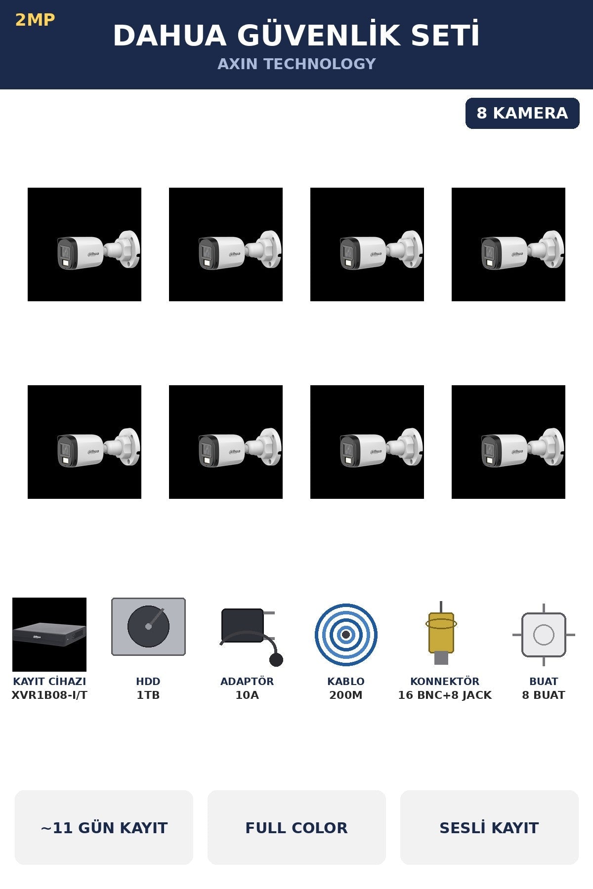 Dahua 8 Kameralı 2MP Güvenlik Kamera Seti Gece Renkli Full Color Sesli Bullet 1TB ~11 Gün Kayıt