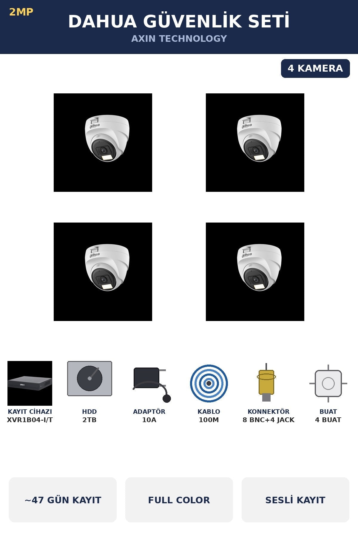 Dahua 4 Kameralı 2MP Güvenlik Kamera Seti Gece Renkli Full Color Sesli Dome 2TB ~47 Gün Kayıt