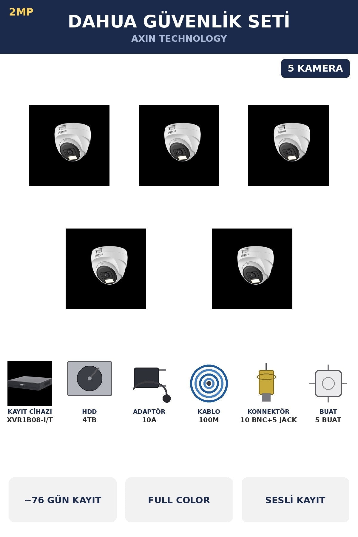 Dahua 5 Kameralı 2MP Güvenlik Kamera Seti Gece Renkli Full Color Sesli Dome 4TB ~76 Gün Kayıt