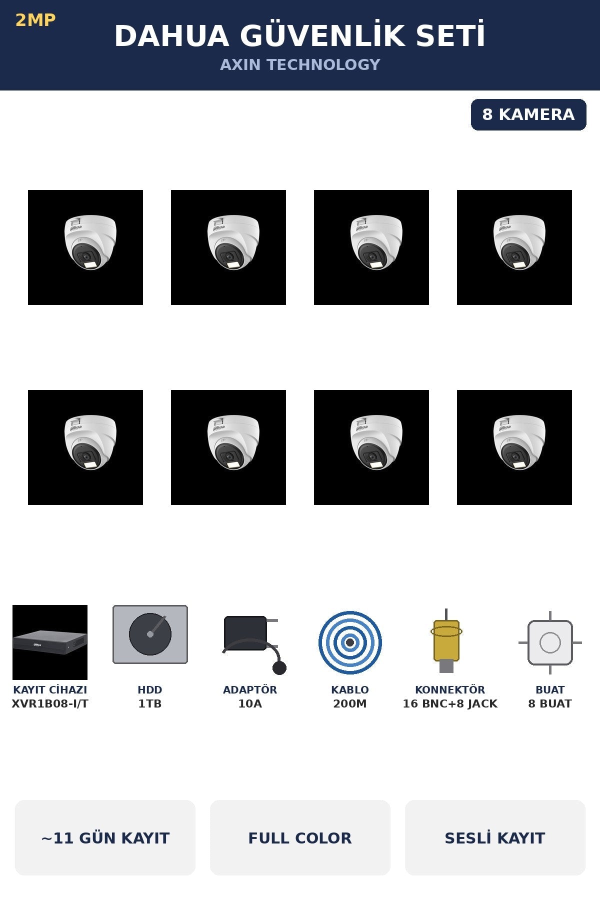 Dahua 8 Kameralı 2MP Güvenlik Kamera Seti Gece Renkli Full Color Sesli Dome 1TB ~11 Gün Kayıt