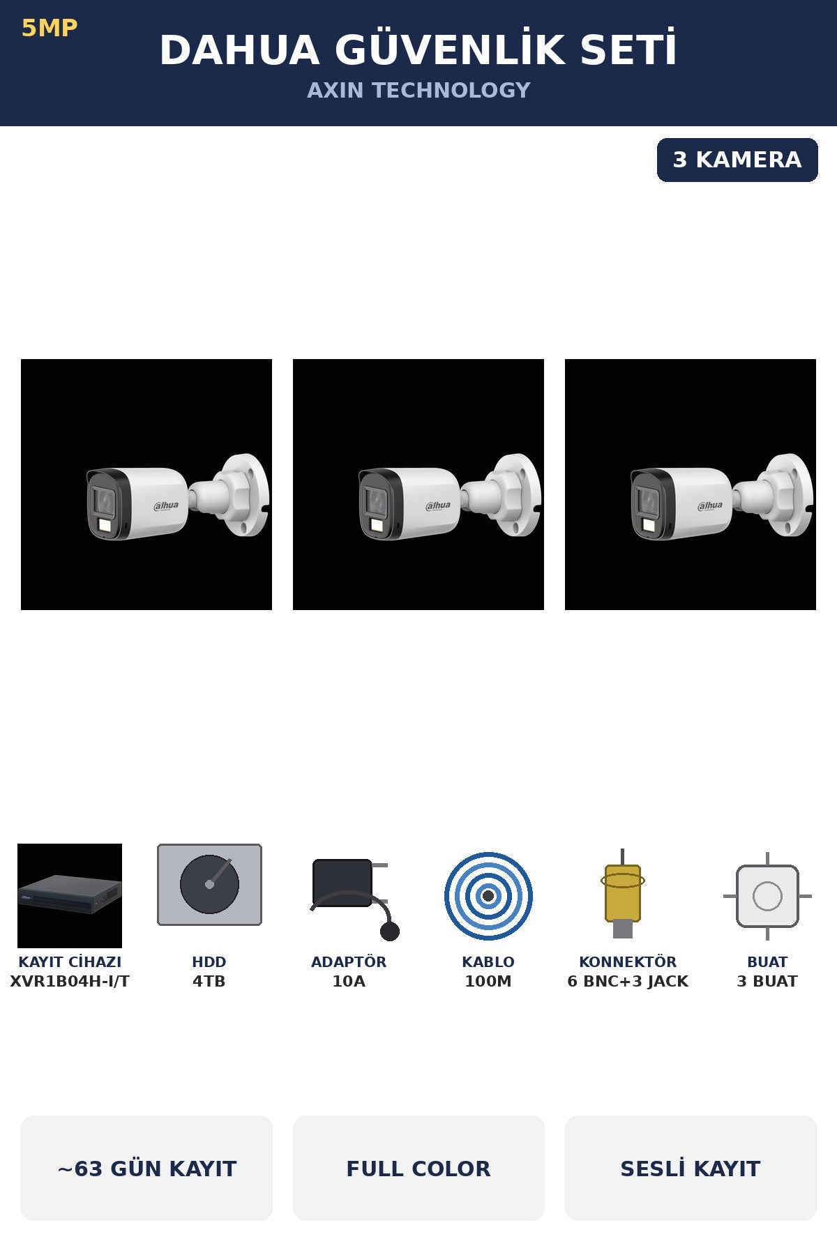 Dahua 3 Kameralı 5MP Güvenlik Kamera Seti 5MP Full Color Sesli Bullet Dış Mekan 4TB ~63 Gün Kayıt