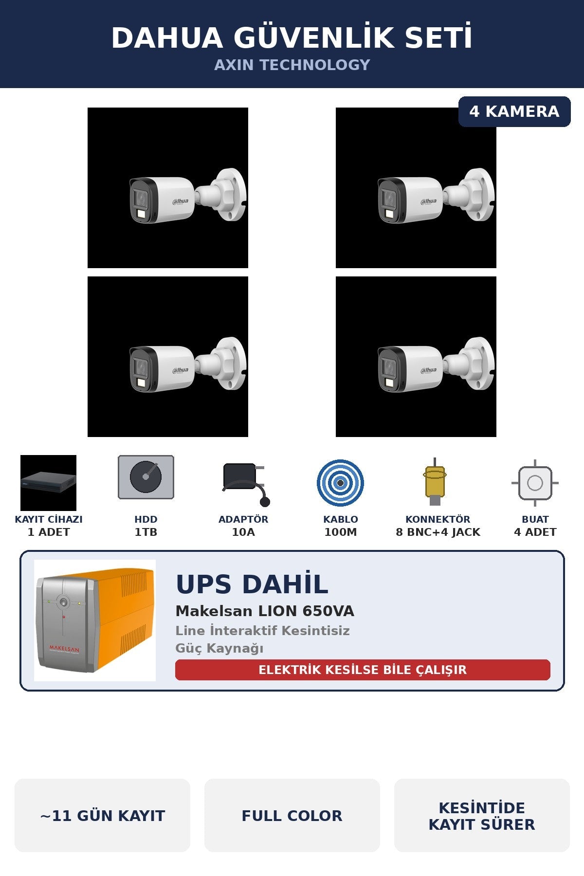 Dahua 4 Kameralı 5MP UPS'li Güvenlik Kamera Seti 5MP Full Color Sesli Bullet Dış Mekan 1TB