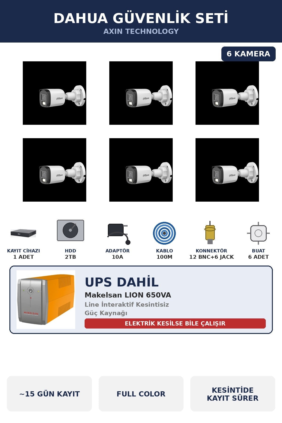 Dahua 6 Kameralı 5MP UPS'li Güvenlik Kamera Seti 5MP Full Color Sesli Bullet Dış Mekan 2TB