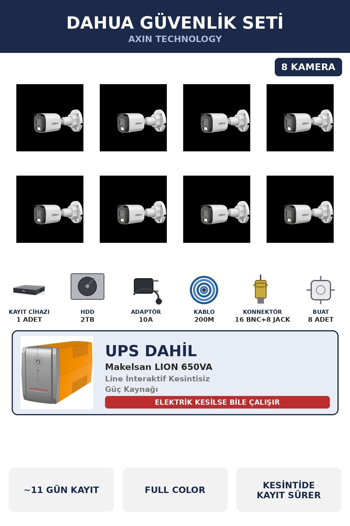 Dahua 8 Kameralı 5MP UPS'li Güvenlik Kamera Seti 5MP Full Color Sesli Bullet Dış Mekan 2TB