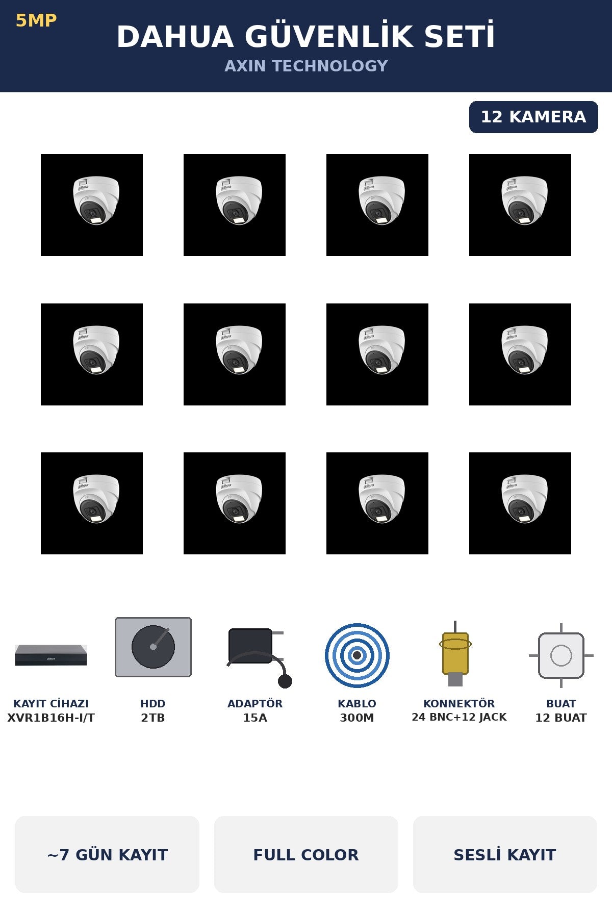 Dahua 12 Kameralı 5MP Güvenlik Kamera Seti 5MP Full Color Sesli Dome İç Mekan 2TB ~7 Gün Kayıt