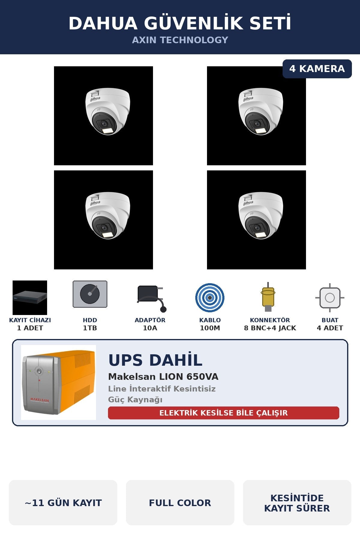 Dahua 4 Kameralı 5MP UPS'li Güvenlik Kamera Seti 5MP Full Color Sesli Dome İç Mekan 1TB