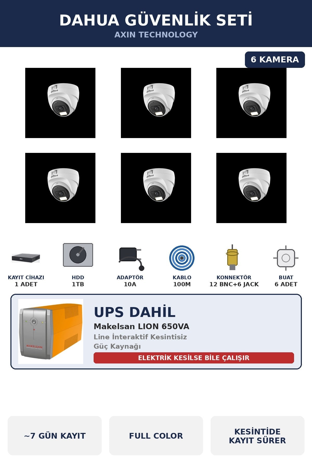 Dahua 6 Kameralı 5MP UPS'li Güvenlik Kamera Seti 5MP Full Color Sesli Dome İç Mekan 1TB ~7 Gün Kayıt