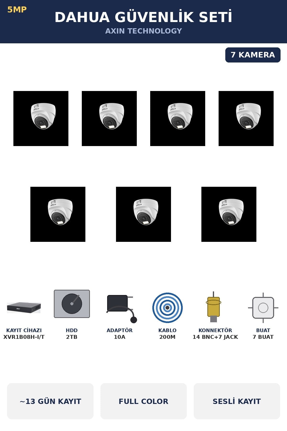 Dahua 7 Kameralı 5MP Güvenlik Kamera Seti 5MP Full Color Sesli Dome İç Mekan 2TB ~13 Gün Kayıt